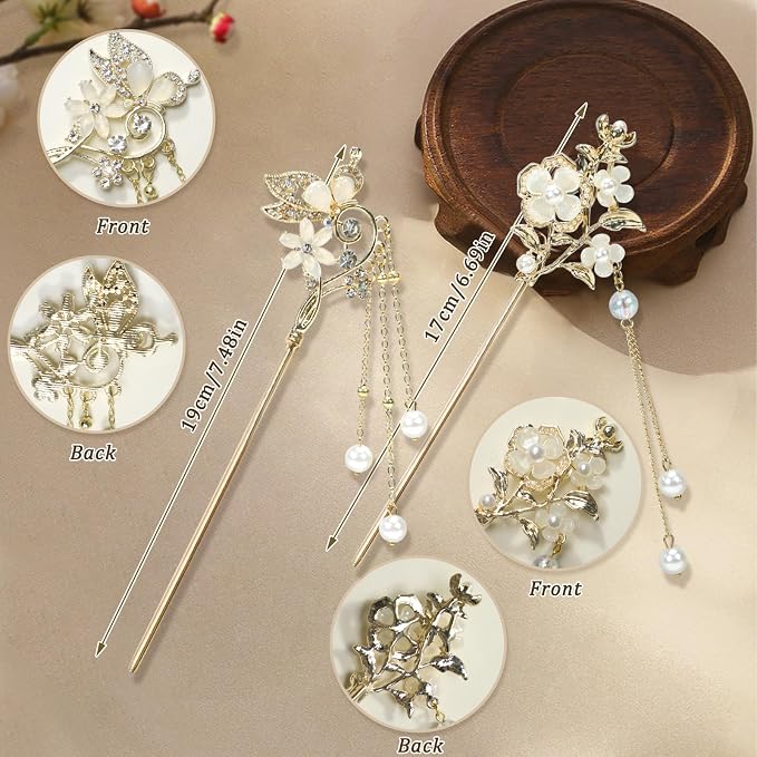 2Packs Lily of the Valley Chinese Hair Sticks for Buns, Pearl Flower Vintage Metal Hair Chopsticks for Women and Girls Dangle Tassel Pendant Hair Accessories Hanfu Handmade Decor Hairpin (beige)