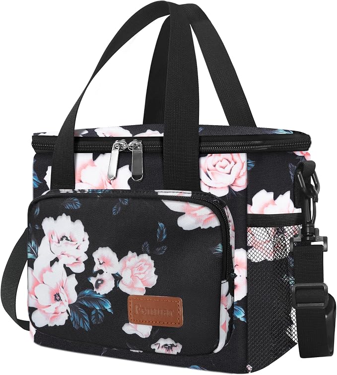 Lunch Bags for Women/Men, Insulated Lunch Bag for Work Office - Lunch Cooler Bag Leakproof Lunch Box with Adjustable Shoulder Strap - Pink flower