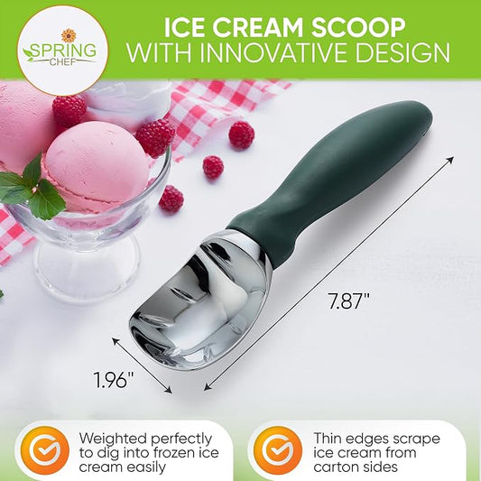 Spring Chef Professional Ice Cream Scoop with Soft Grip Handle - Heavy Duty Ice Cream Scooper for Cookie Dough, Frozen Yogurt, Gelato, Sorbet, Melon - Dishwasher Safe Kitchen Tool - Pine Green