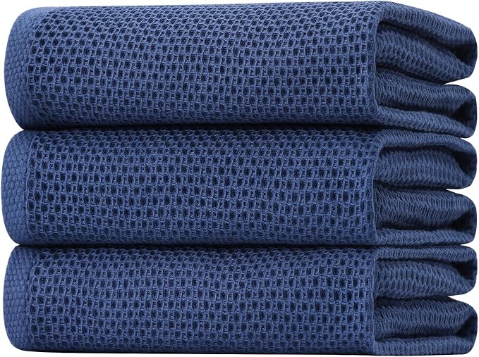 Homaxy 100% Cotton Oversized Waffle Weave Kitchen Towels, 3-Pack, Navy Blue | 20 x 28 Inches, Ultra Soft Absorbent Dish Towels, Quick Drying Large Cleaning Towels