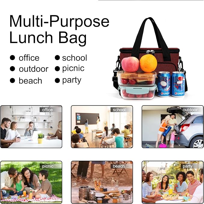Lunch Bags for Women/Men, Insulated Lunch Bag for Work Office Picnic - Lunch Cooler Bag Leakproof Lunch Box with Adjustable Shoulder Strap - Red