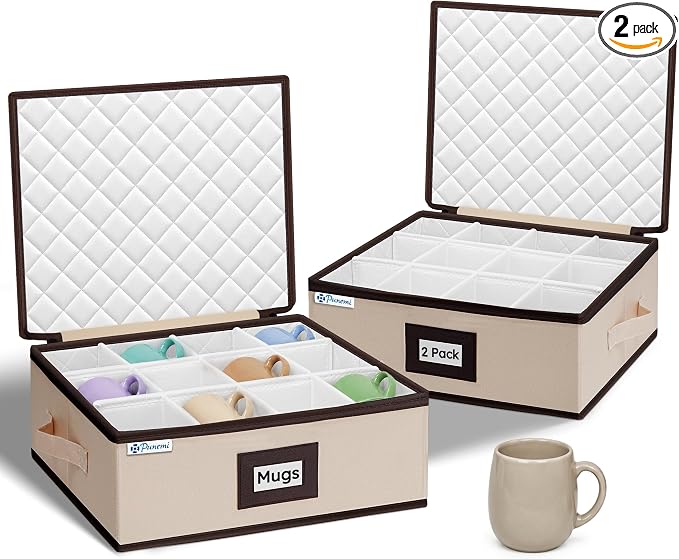 punemi Mug Storage Organizer, 2-Pack Hard Shell Boxes for Packing & Moving | Padded dividers, stackable design and carry handles for coffee mugs, tea cups and china storage, beige
