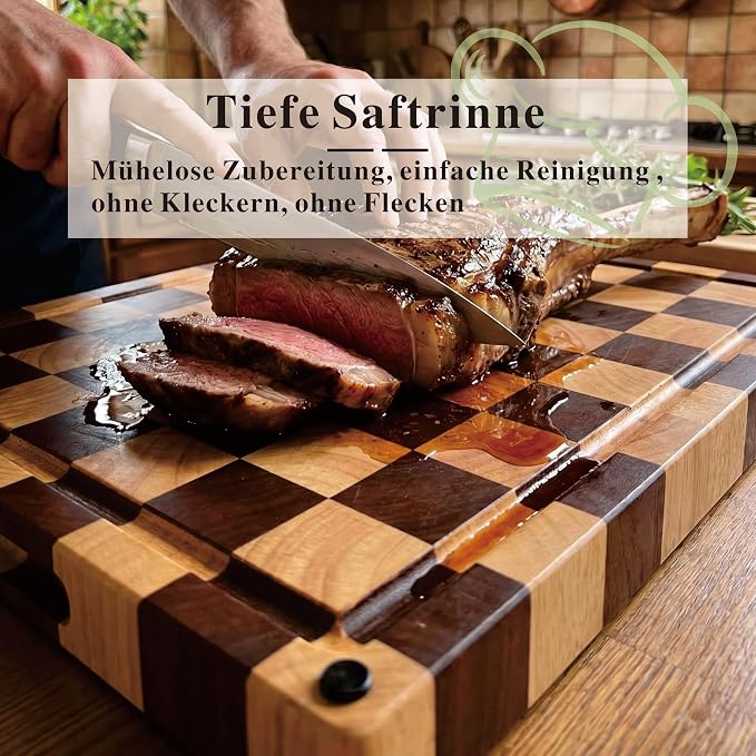 Checkered End Grain Cutting Board with Juice Groove & Handle | 17" x 12" x 1.2" Thick | Acacia & Rubber Wood | Reversible End Grain | Juice Groove | Meat, Bread & Vegetable Prep