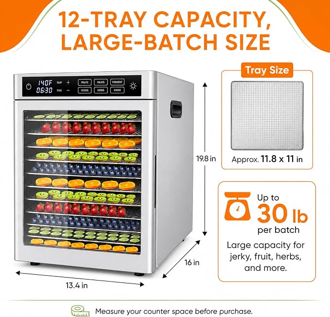 12-Tray Commercial Food Dehydrator | stainless steel jerky maker fruit dryer herbal drying machine large capacity food preserver digital dehydrator