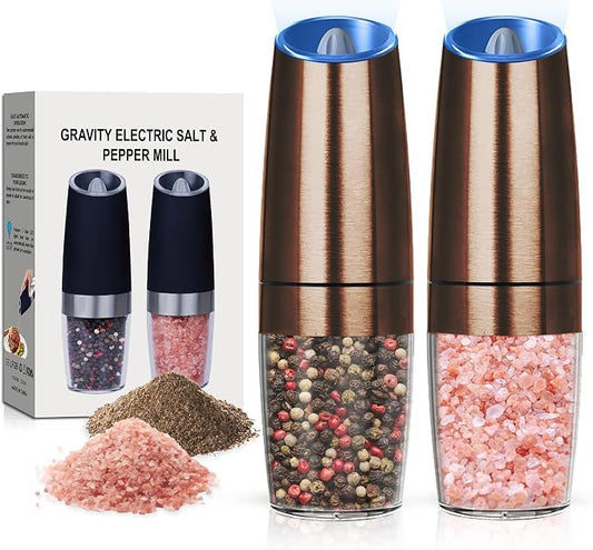 Battery Operated Salt And Pepper Grinder Set with LED Light, Automatic Electric Gravity Salt And Pepper Shakers Set, Each 6 AAA Batteries Needed, Adjustable Roughness, 2 Pack (Copper)