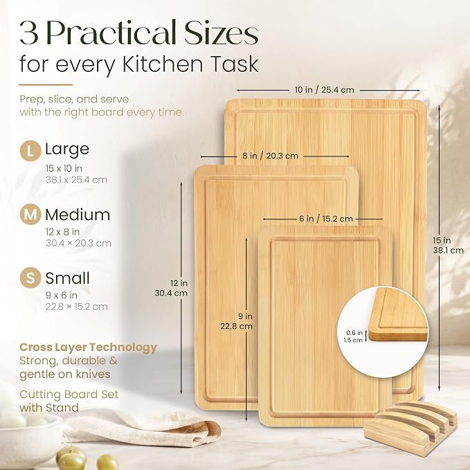 3-Piece Bamboo Cutting Boards - Groove, Handles, 15/12/9" - Light Natural | Bamboo boards with juice groove for prep, serving side for charcuterie