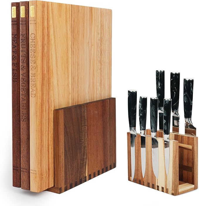 Magnetic Book Cutting Board Set with Stand for Space-Saving Kitchen | Compact Stand Keeps Boards&Knives Organized,Lightweight for Indoor Kitchen,BBQ