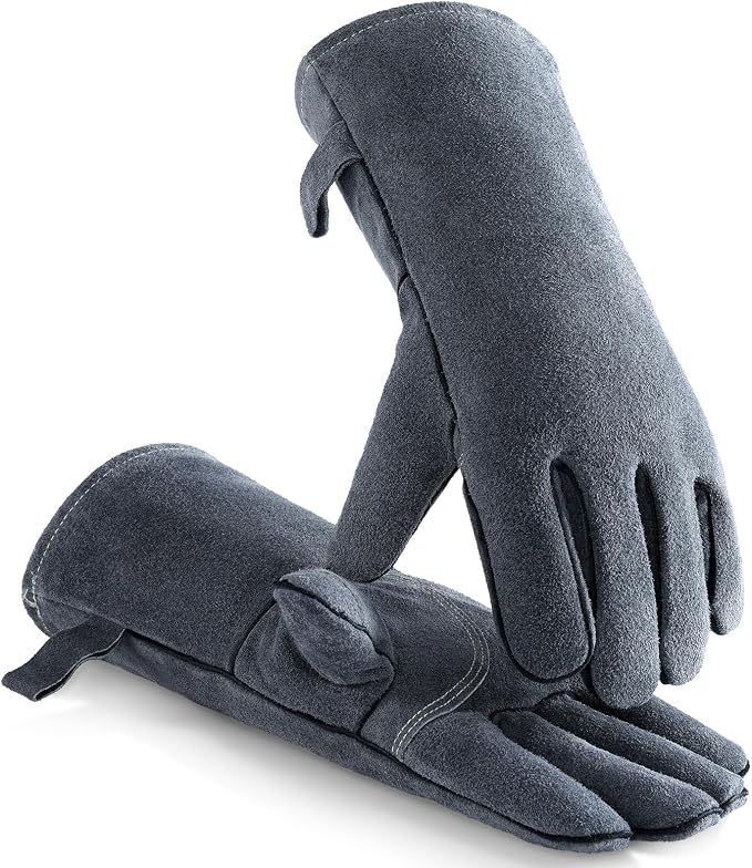 OZERO Welding Gloves 14 Inch, EN407 Certified Heat Resistant to 932°F, Gray | 1.2 mm Split Leather, Aluminum Heat Shield, Aramid Stitching, Long Cuff, MIG/TIG/Stick welding, Fireplace Fire Pit and BBQ