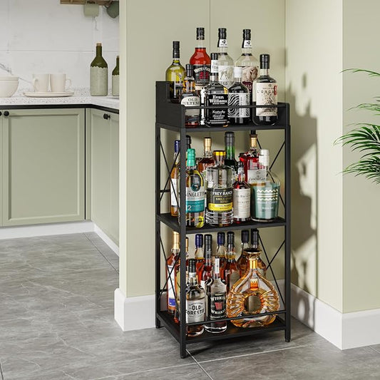 KLM Liquor Bottle Display Shelf, Liquor Cabinet bar for Home, 4 Step Liquor cabinetck, Mini bar,Liquor Cabinet, Home Retro Bar Shelf Stand for Liquor Whiskey, Spirits.(Black