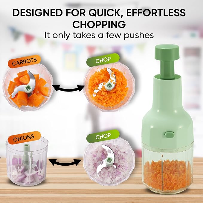 Brieftons Express Small Manual Food Chopper, 2-Cup: Hand Chopper with Container, Push-Down Pump Onion Chopper, Garlic Chopper, Green Veggie Cutter for Salsa, Salad, Coleslaw, Baby Food, Indian Cooking