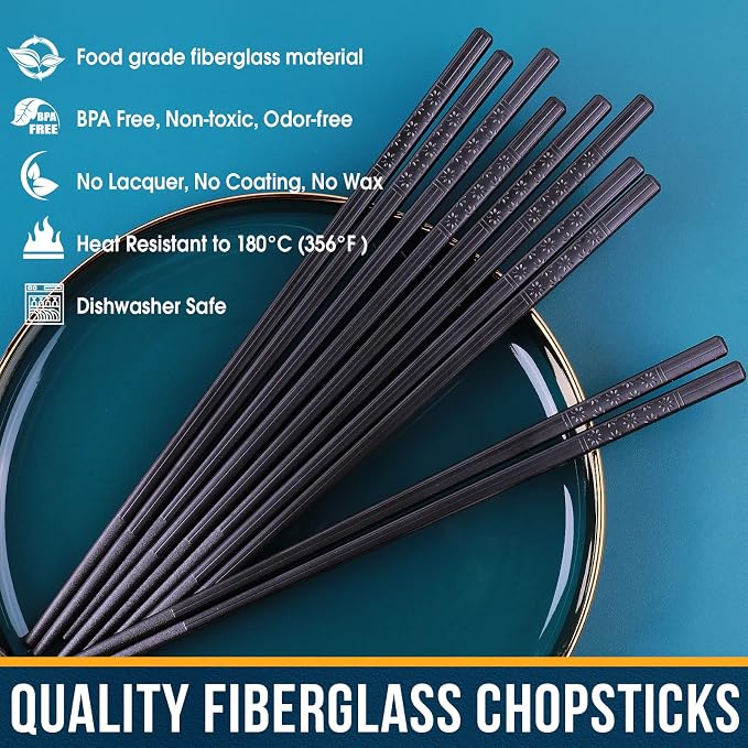 Chopsticks, GLAMFIELDS 5 Pairs Premium Black Chopsticks Reusable for Sushi Japanese Matte Anti-slip Chop Sticks with Gift Case Lightweight Dishwasher Safe, 9 1/2 Inches