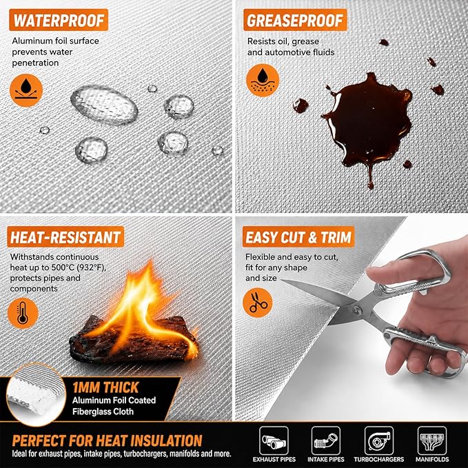 FLASLD Aluminized Heat Shield Thermal Barrier Adhesive Backed Heat Sleeve 40'' X 40''