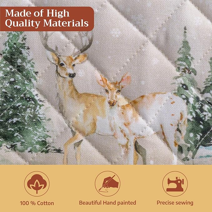 Maison d' Hermine Pot Holders 100% Cotton Potholders (8" x 8", Pack of 2) | Heat Resistant Hot Pads with Loop BBQ Cooking Baking Kitchen Handling Hot Pans Thanksgiving Christmas - Deer In The Woods