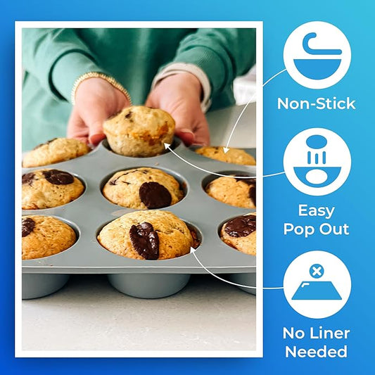 Jenaluca Silicone Cupcake & Muffin Pan for Baking - Set of TWO 12-cup pans, 12x9 Size, Non-stick, BPA Free, Dishwasher Safe - no cupcake liner needed