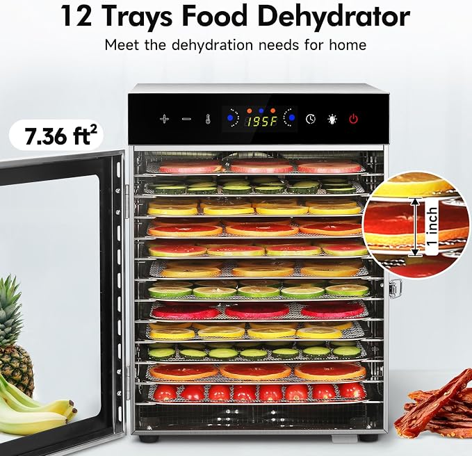 Food Dehydrator Machine 12 Stainless Steel Trays 1000W Meat Dehydrator for Home Use, 24H Timer & 195℉ Temperature Control Food Dryer for Jerky Fruit Herbs Mushroom Dog Treats
