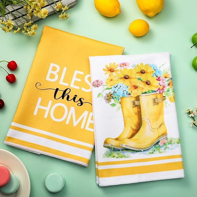 Boyiee Set of 6 Yellow Flower Kitchen Towels Decorative Floral Tea Towels Absorbent Home Dish Towels 24 x 16 Inch Truck Reusable Hand Towel Housewarming Gift for Farmhouse Kitchen Bathroom Decoration