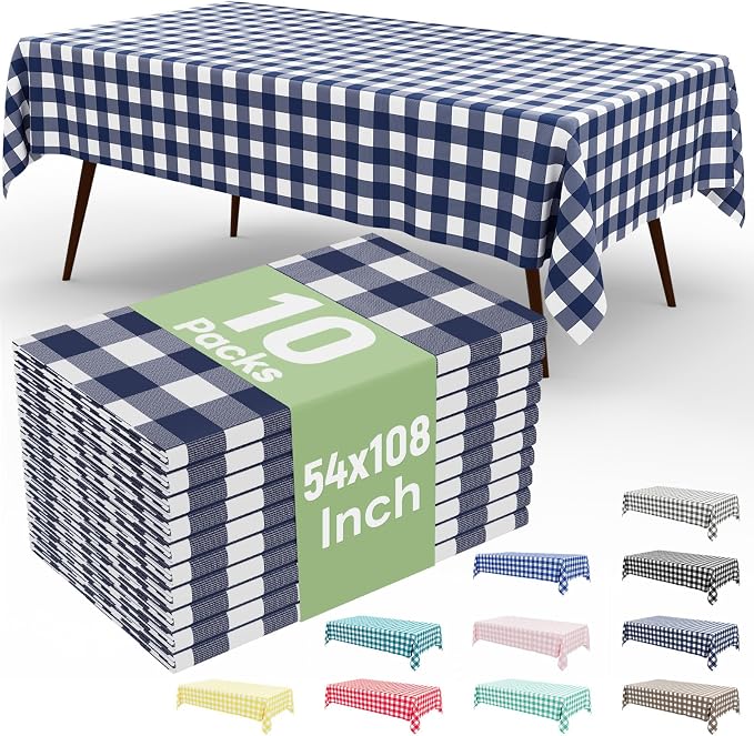10 Packs Buffalo Disposable Table Cloth, 54 x 108 Inch Waterproof Plastic Tablecloth, Rectangle Navy and White Checkered Table Covers for Picnic, Birthday, Party, Back to School