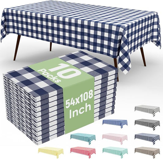 10 Packs Buffalo Disposable Table Cloth, 54 x 108 Inch Waterproof Plastic Tablecloth, Rectangle Navy and White Checkered Table Covers for Picnic, Birthday, Party, Back to School