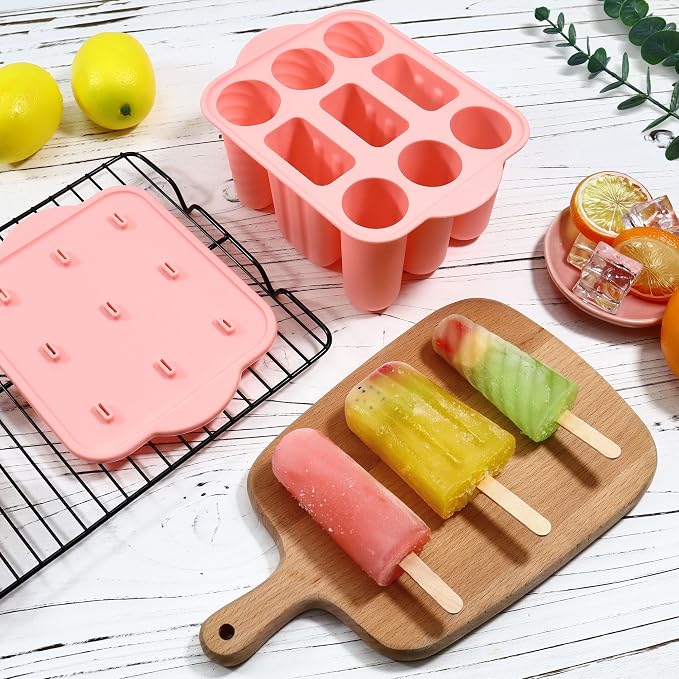 Popsicles Molds, 9 Cavity Silicone Popsicle Molds Easy-Release BPA-free Popsicle Maker Molds Ice Pop Molds Homemade Popsicle Ice Pop Maker with 50 PCS Popsicle Sticks