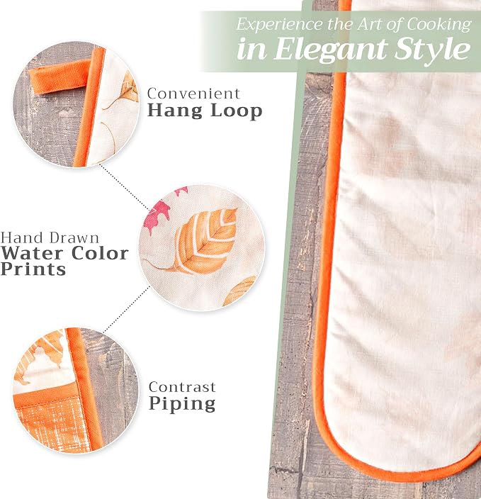 Maison d' Hermine Double Oven Mitts 100% Cotton Double Oven Glove (7"x35") | Heat Resistant BBQ Cooking Gloves with Loop Baking Kitchen Home Hotel Farmhouse Thanksgiving Christmas - Colours Of Autumn