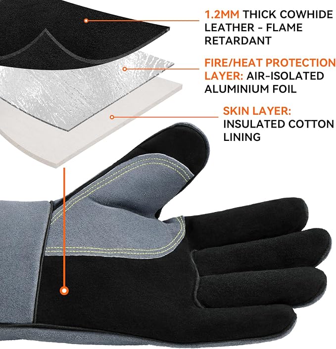 OZERO Welding Gloves: 932°F Heat Resistant Gloves, Black-Gray, 14 Inch | 1.2 mm Split Cowhide, Reinforced Palm, Long Cuff, for MIG TIG Stick Forge BBQ Grill Fireplace Fire Pit Wood Stove Oven