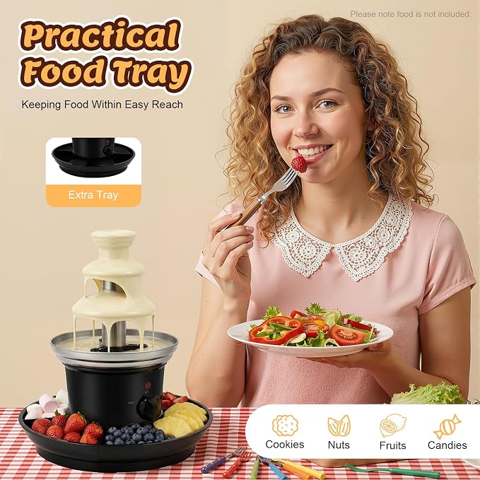3 Tier Electric Chocolate Fountain, 120v 25w Chocolate Dipping Warmer Machine, 1 lb Capacity Hot Cocoa Fondue Tower, 430 Stainless Steel, Melts Cheese, Queso for Parties, Events & Weddings