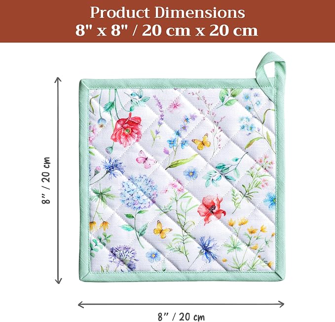 Maison d' Hermine Pot Holders 100% Cotton Potholders (8" x 8", Pack of 1) | Heat Resistant Hot Pads with Loop BBQ Cooking Baking Farmhouse Kitchen Handling Hot Pans Spring Summer - Just Floral