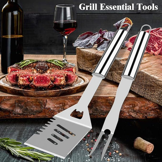 ROMANTICIST 25pcs Extra Thick BBQ Grill Accessories, Fathers Day Grilling Gifts Set for Men Dad, Heavy Duty Grill Tools Utensils Kit with Spatula, Tongs in Aluminum Case for Birthday Silver