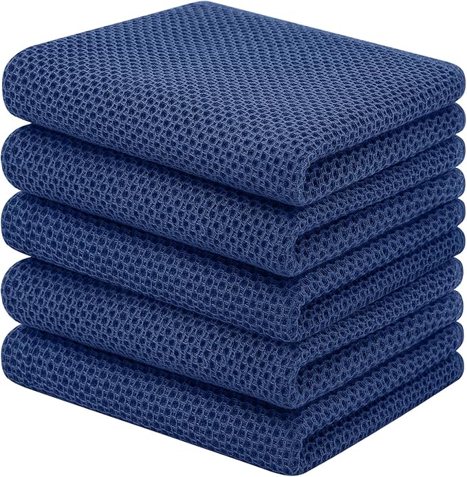 Homaxy 100% Cotton Waffle Weave Kitchen Towels, 5-Pack, Navy Blue | 13 x 28 Inches, Ultra Soft Absorbent Dish Towels, Quick Drying Cleaning Towels