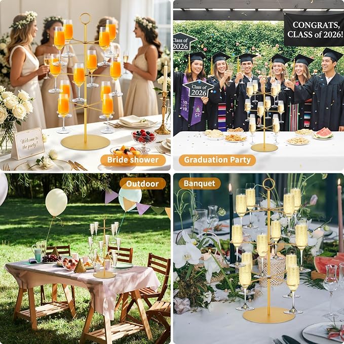QPIX DIGITAL Champagne Tower,Metal Cocktail Tree Stand 3 Tier - 12 Holders For Champagne, Cocktails, Martini, Margarita Cups at Weddings,Bridal Parties & Events,Cocktail Glass Gold Holder