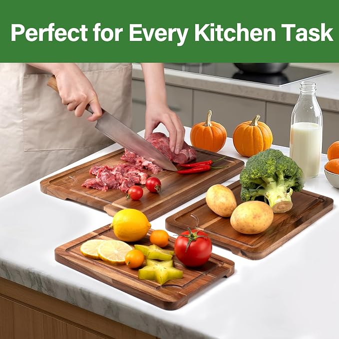 Wood Cutting Board Set, 3-Piece Cutting Board with Stand for Kitchen | Chopping Board with Juice Groove & Handles, Serving Board, Ideal for Meat, Vegetables and Cheese