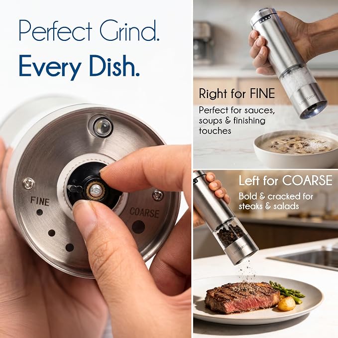 Latent Epicure Electric Salt and Pepper Grinder Set, USB-C Rechargeable Stainless Steel Mills with LED Light, Adjustable Ceramic Grinders with Acrylic Mill Rest Tray