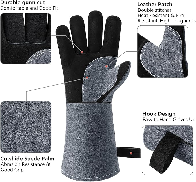 OZERO Welding Gloves: 932°F Heat Resistant Gloves, Black-Gray, 14 Inch | 1.2 mm Split Cowhide, Reinforced Palm, Long Cuff, for MIG TIG Stick Forge BBQ Grill Fireplace Fire Pit Wood Stove Oven