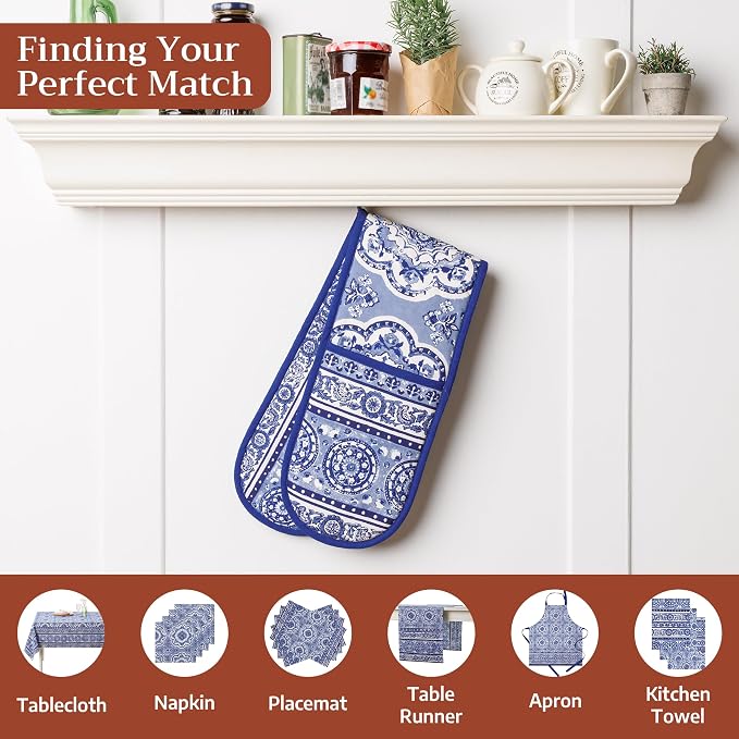 Maison d' Hermine Double Oven Mitts 100% Cotton Double Oven Glove (7"x35") | Heat Resistant BBQ Cooking Gloves with Loop Baking Grilling Kitchen Hotel Home Farmhouse Spring Summer - Melodie Bleue
