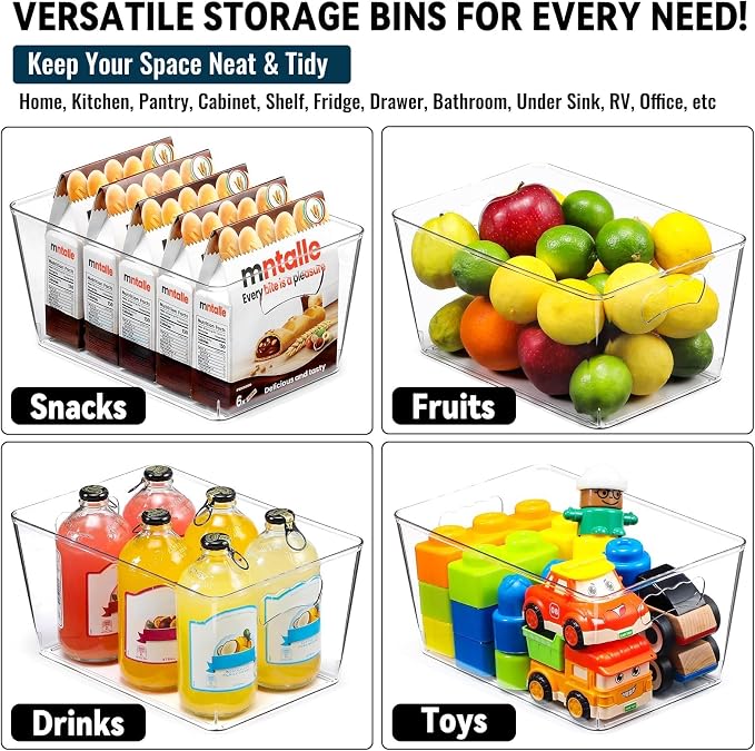 12 PACK LARGE Clear Storage Bins with Handles & Labels, Multiuse Plastic Pantry Organizer Bins for Home Kitchen, Fridge, Freezer, Cabinet, Closet, Bathroom, Shelf, Laundry, RV, Under Sink Organization
