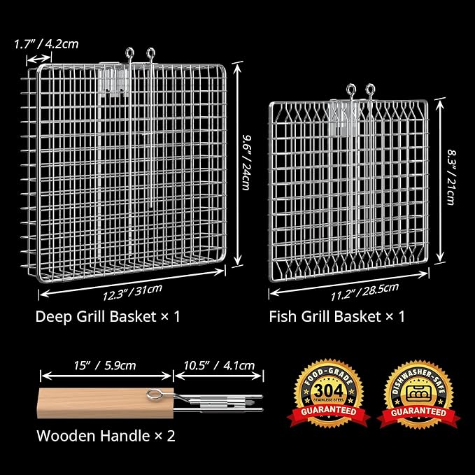 Fish Grill Basket Set, Removable Wooden Handle, Nesting BBQ Tools | 304 Stainless Steel, Smoker Grilling Accessories for Vegetable, Outdoor Cooking Camping, Birthday Gifts for Men Dad Husband