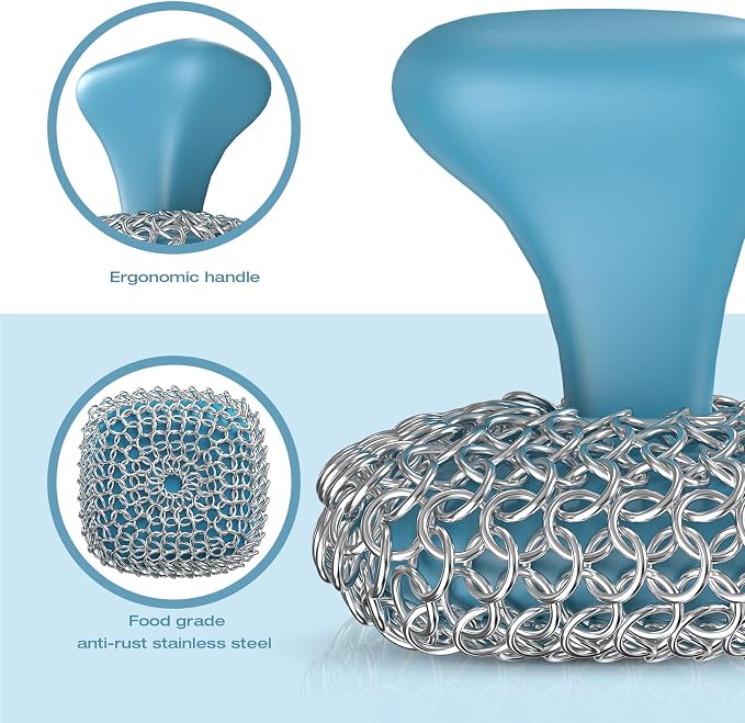 Cast Iron Scrubber Dish Scrub Brush for Cast Iron Pan Skillet | 316 Cast Iron Cleaner, Chain Mail Scrubber Cast Iron, Dish Scouring Pad, Dishwasher Safe, Cleaning Kit, Blue
