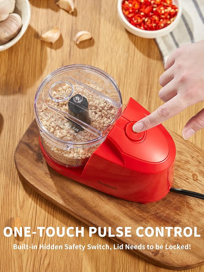 1.5-Cup One-Touch Electric Food Chopper, 100W Mini Food Processor Meat Grinder, Mix, Chop, Mince and Blend Vegetables, Fruits, Nuts, Meats, Stainless Steel Blade (Red)
