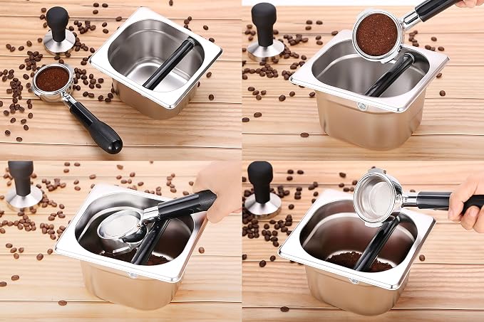 Coffee Knock Box Stainless Steel, 6.9 Inch Espresso Knock Box for Espresso Coffee Grounds, Built-In Knock Box with Rubber Knock Bar, 2L Large Capacity for Home Barista & Coffee Bar