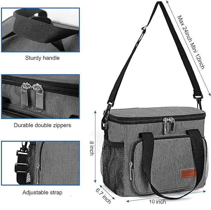 Lunch Bags for Women/Men, Insulated Lunch Bag for Work Office Picnic - Lunch Cooler Bag Leakproof Lunch Box with Adjustable Shoulder Strap - Grey(8.7L)