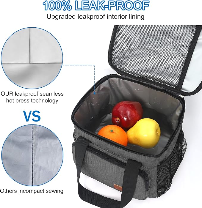 Lunch Bags for Women/Men, Insulated Lunch Bag for Work Office Picnic - Lunch Cooler Bag Leakproof Lunch Box with Adjustable Shoulder Strap - Grey(8.7L)