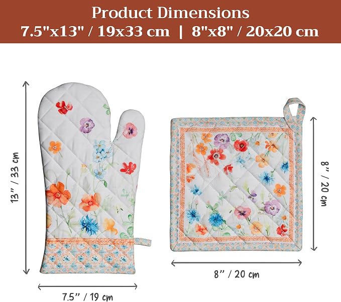 Maison d' Hermine 100% Cotton Oven Mitt & Pot Holder Set (7.5"x13" & 8"x8") | Heat Resistant BBQ Cooking Gloves with Loop Baking Grilling Kitchen Hotel Home Farmhouse Spring Summer - Summer Whisper