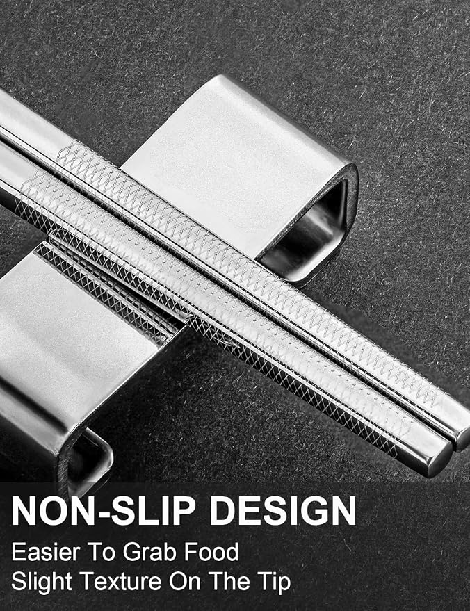 FOFAYU Metal Reusable Chopsticks 2 Pairs Titanium Plated Stainless Steel Chopsticks with Holder, Dishwasher Safe Non-Slip Japanese Style Chop Sticks Present Set (Black Silver)