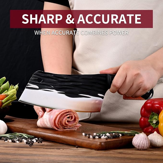 SHI BA ZI ZUO Meat Knife Cleaver Knife Forged Butcher Knife Kitchen Knife for Meat Cutting with Anti-Slip Wooden Handle