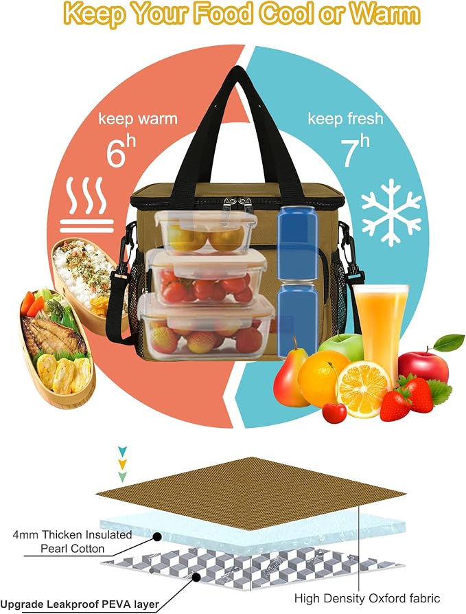 Lunch Bags for Women/Men, Insulated Lunch Bag for Work Office Picnic - Lunch Cooler Bag Leakproof Lunch Box with Adjustable Shoulder Strap - Khaki