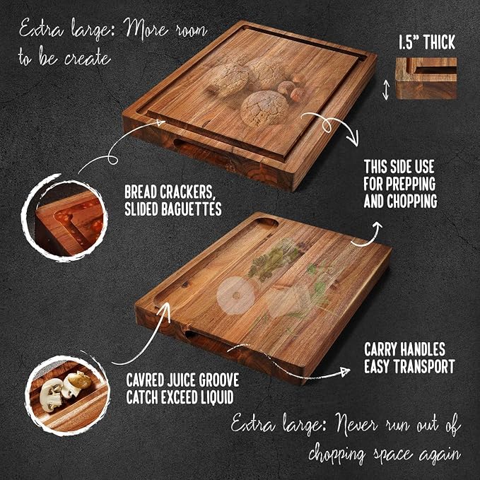 XL Acacia Wood Cutting Board (20x15x1.5in) and Wooden Butcher Block, Chopping Board-Reversible Multipurpose For Meat, Cheese Board, Vegetables, Bread with Juice Groove, Cracker Holder & Inner Handles