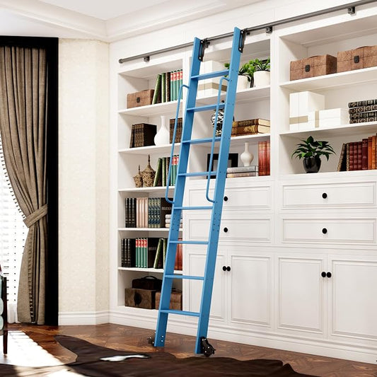 DIYHD 96" Rolling Library Ladder with Handrail, 4FT Sliding Rail, Blue | 8-Step lightweight ladder with space-saving upright storage, Telescopic top hooks, Locking bottom rollers, 300lbs capacity