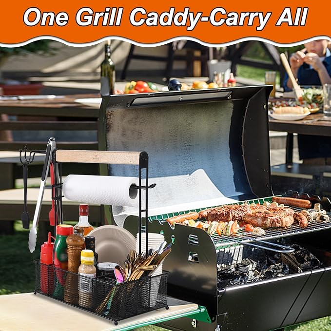 VIKEYHOME Grill Caddy, Picnic BBQ Organizer for Camping | Outdoor Mesh Basket with 3 Hanging Hooks and Paper Towel Holder, Ideal Table Storage Tools for RV Camper/Tailgating/Flatware