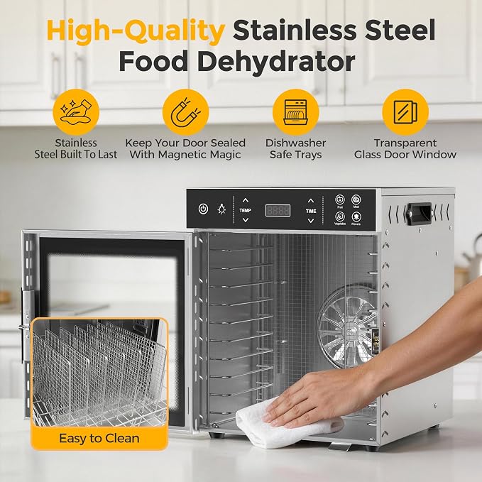 Suteck 400W Food Dehydrator with 10 Trays for Jerky, Fruit, Veg, Meat | Stainless Steel, 4 Presets, Strong Dual Fans & 360° Airflow, 85°F–195°F, 48H Timer, Built-in Light, Quiet