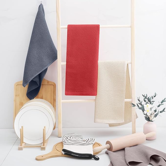 Homaxy 100% Cotton Waffle Weave Kitchen Towels, 3-Pack, Mixed Color | 13 x 28 Inches, Ultra Soft Absorbent Dish Towels, Quick Drying Cleaning Towels